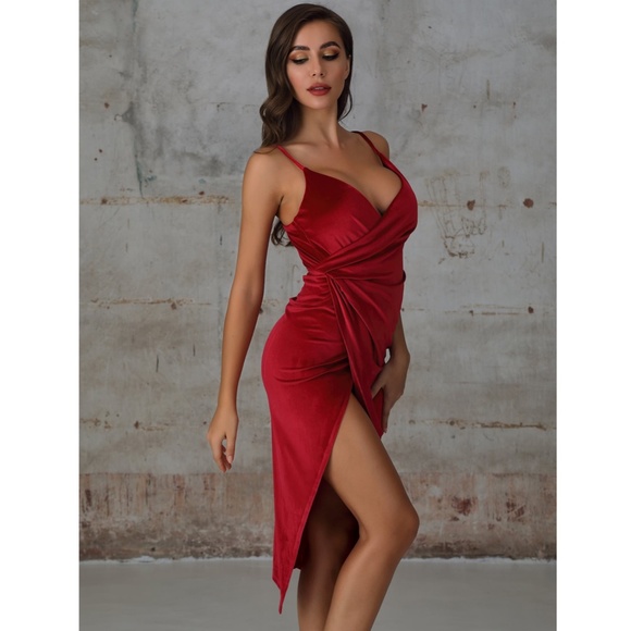 Red Velvet Wrap Cami High Slit Asymmetric Dress - Picture 3 of 13